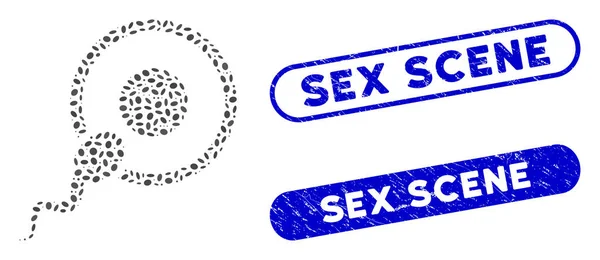 Elíptico mosaico esperma inseminação com texturizado Sexo cena selos —  Vetores de Stock