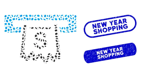 Terminal de recibos de papel mosaico oval con sellos de compras de año nuevo rayados — Vector de stock