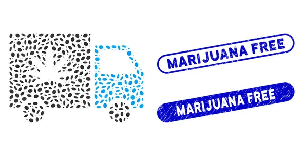Eliptyczna Mozaika Cannabis Dostawa Van z Distress Marijuana Free Znaczki — Wektor stockowy