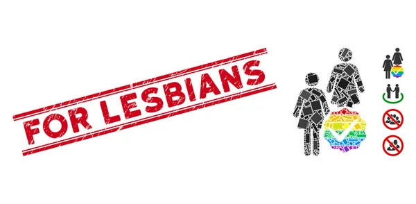 Voor lesbiennes mozaïek en gebarsten voor lesbiennes stempel zegel met lijnen — Stockvector