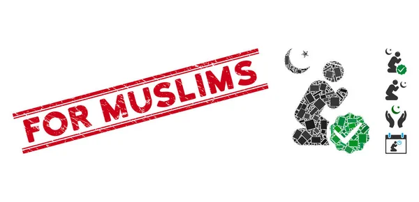 Pour les musulmans Mosaïque et Grunge Pour les musulmans Timbre avec lignes — Image vectorielle