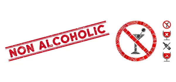 Aucun cocktail Mosaïque et Grunge filigrane non alcoolisé avec lignes — Image vectorielle