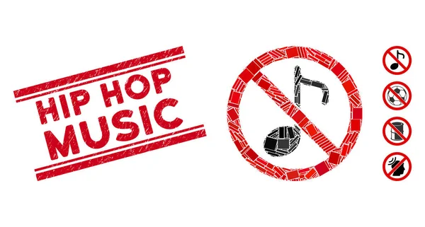 Nenhuma nota musical Mosaico e arranhado Hip Hop Music Seal com linhas —  Vetores de Stock