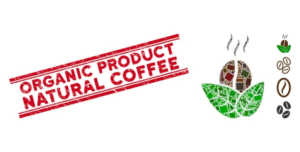 Органический кофе Мозаика и гранж органический продукт натуральный кофе печать с линиями — стоковый вектор