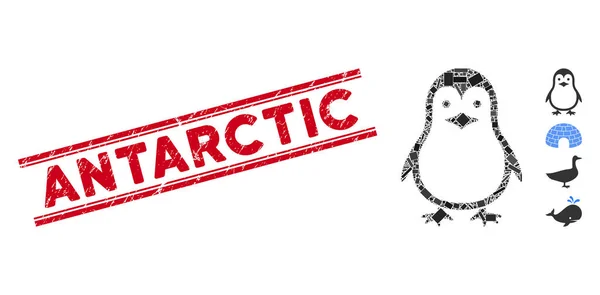 Pinguinmosaik und Grunge antarktisches Stempelsiegel mit Linien — Stockvektor
