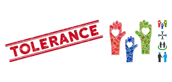 Tolerance Hands Mosaic and Distress Tolerance Stamp Seal with Lines - Stok Vektor