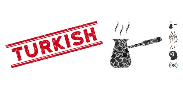 Mosaico de café turco y sello turco rayado con líneas — Vector de stock