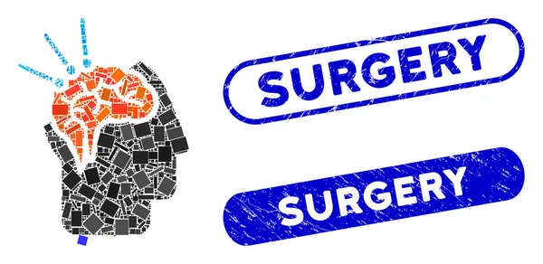 Cirurgia do Cérebro de Colagem Retangular com Selos de Cirurgia de Dor — Vetor de Stock