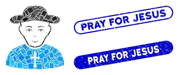 Collage rettangolare Sacerdote cristiano con preghiera graffiata per i sigilli di Gesù — Vettoriale Stock
