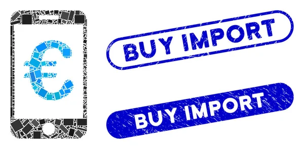 Rechteck Collage Euro Mobile Payment mit Grunge Buy Import Stempeln — Stockvektor