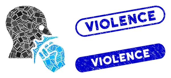 Retângulo Mosaico Face Violência Greve com Selos de Violência Texturizados —  Vetores de Stock