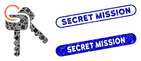 Rectangle Collage Keys with Grunge Secret Mission Seals — 스톡 벡터