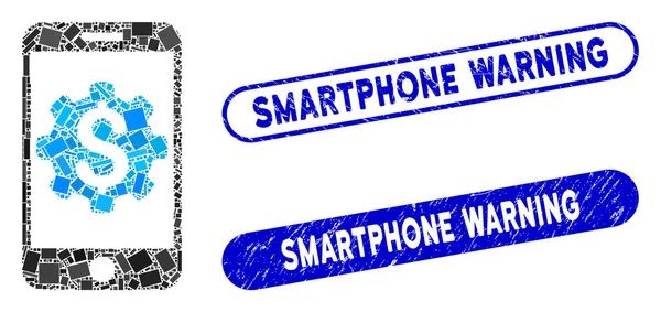 Configuração do banco móvel em mosaico retangular com carimbos de advertência Smartphone de angústia — Vetor de Stock