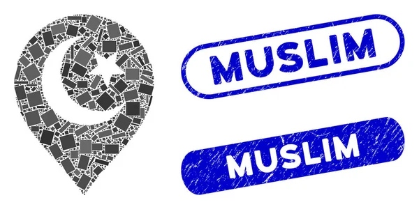 Značka koláže muslimského symbolu s grunge muslimskými pečetěmi — Stockový vektor