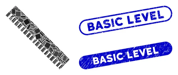 ディストレス基本レベル切手を持つ長方形のコラージュ定規 — ストックベクタ