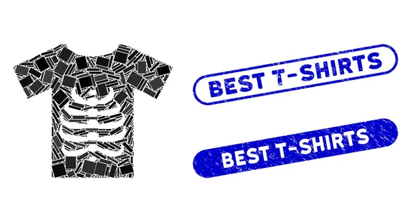 T-shirt de esqueleto de colagem retangular com melhores selos de camisetas riscadas — Vetor de Stock