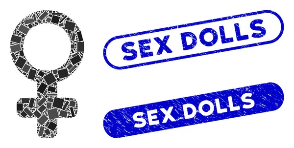 矩形结合体维纳斯符号与有纹理的性爱娃娃印章 — 图库矢量图片