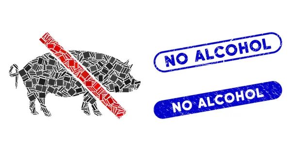 Collage Prohibido Icono de Cerdo con Coronavirus Rasguñado Sin Sello de Alcohol — Archivo Imágenes Vectoriales