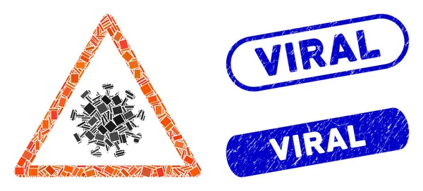 Icono de advertencia de virus Mosaico SARS con Sello Viral Rasguñado Coronavirus — Vector de stock