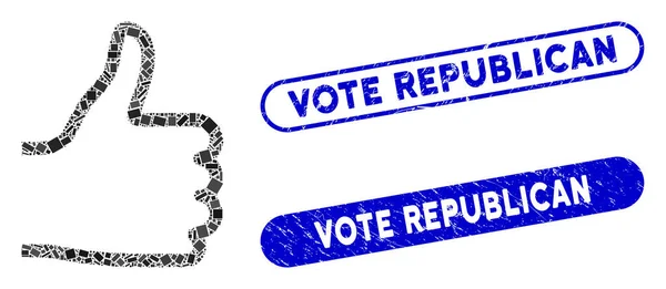 Collage Pulgar hacia arriba icono con Coronavirus rayado voto republicano sello — Vector de stock