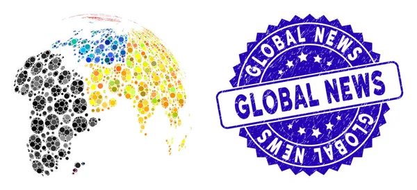 Collage abstrakter Globus mit farbig gepunktetem Kontinent-Symbol mit zerkratztem globalen Nachrichtenstempel — Stockvektor