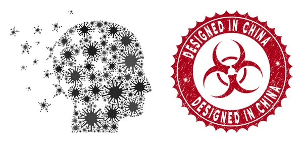 Icono de mente de estrella Collage de Coronavirus con angustia diseñado en China Sello — Vector de stock
