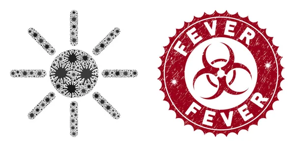 Coronavirus Mosaic Sun Icon con sello de fiebre arañada — Vector de stock