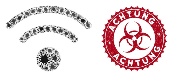 Coronavirus Mosaic Wi-Fi icono con Sello de Achtung rayado — Vector de stock