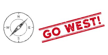 Compass Mosaic and Distress Go West Exclamation Stamp Seal with Lines