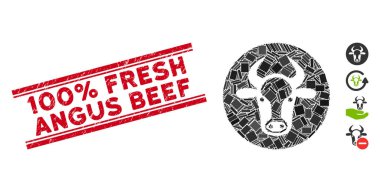 Bull Head Mosaic and Distress 100 Percent Fresh Angus Beef Stamp Seal with Lines