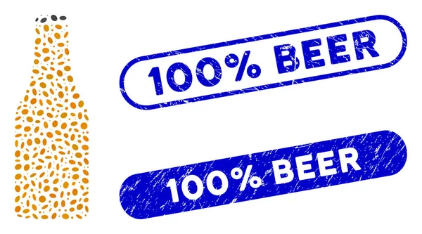 Garrafa de cerveja elíptica colagem com texturizado 100% de selos de cerveja — Vetor de Stock