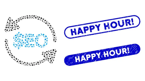 Ellipse Collage Refresh Seo avec joints d'exclamation Grunge Happy Hour — Image vectorielle