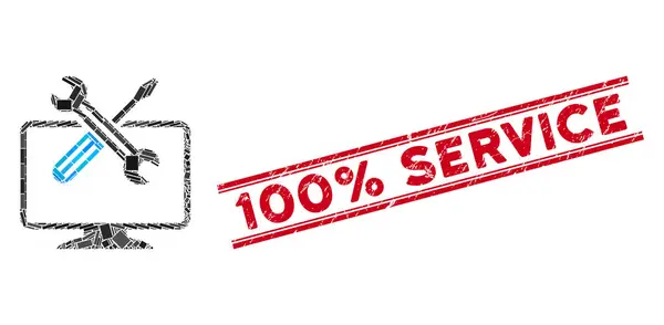 Ferramentas de computador Mosaico e Grunge 100% selo de serviço com linhas — Vetor de Stock