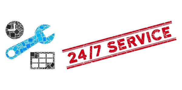 Date and Time Setup Mosaic and Scratched 24-7 Service Stamp Seal with Lines — Stock Vector