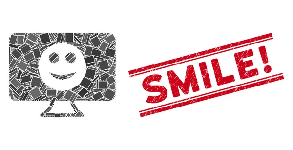 Display Smile Mosaico e graffiato sorriso esclamazione Sigillo con linee — Vettoriale Stock