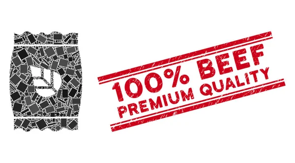 Seed Pack Mosaic and Scratched 100 Percent Beef Premium Quality Stamp Seal with Lines — Stock vektor