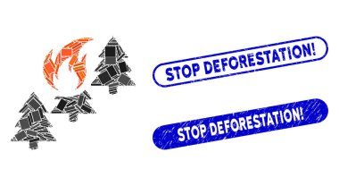 Rectangle Mosaic Forest Fire with Textured Stop Deforestation Exclamation Stamps