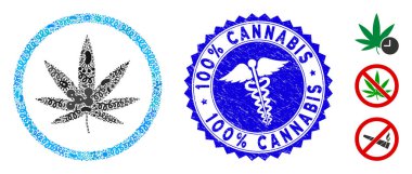 Infected Mosaic Cannabis Icon with Caduceus Scratched 100 Percent Cannabis Stamp