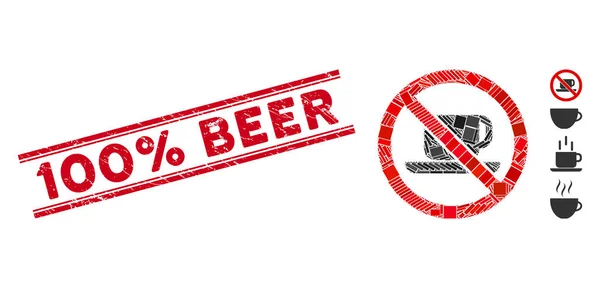 No Tea Cup Mozaika i stres 100 procent pieczęć piwa z liniami — Wektor stockowy