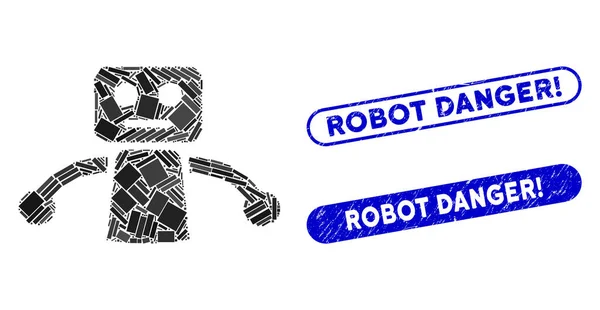 Rechteck-Mosaik-Roboter mit zerkratzten Robotern Gefahr Ausrufezeichen — Stockvektor