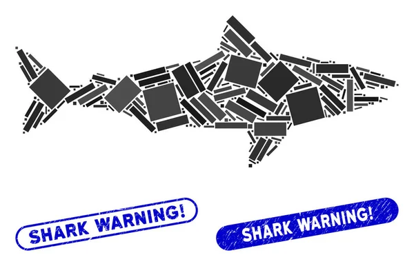 Rectángulo Collage Tiburón con Sellos de Exclamación de Advertencia de Tiburón Texturizado — Vector de stock