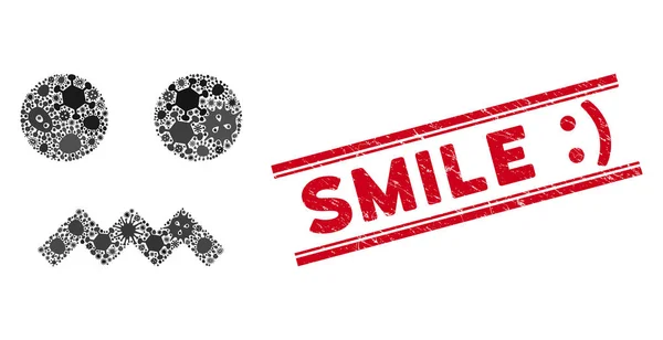 Infectious Collage Fright Smiley Icon and Distress Smile Smile Stamp with Lines — 스톡 벡터