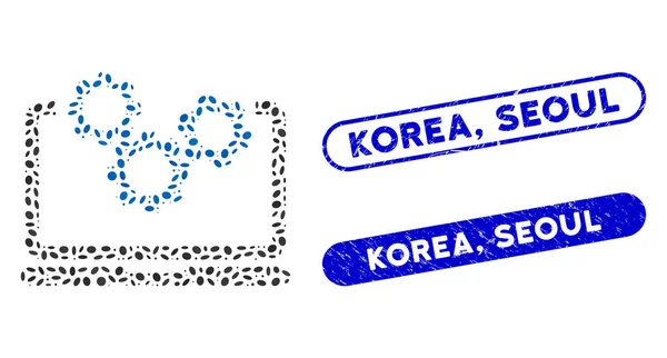 Elliptic Mosaic Laptop and Gears with Textured Korea, Seoul Seals — стоковий вектор