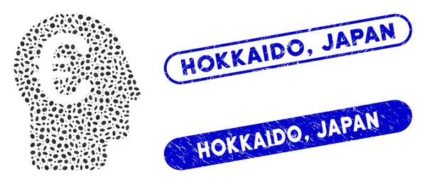 Collage elíptico euro banquero con angustia Hokkaido, Japón sellos — Vector de stock