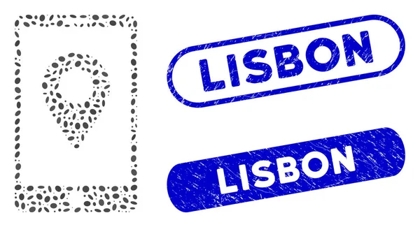 GPS móvil oval Collage con sellos de Lisboa rayados — Archivo Imágenes Vectoriales