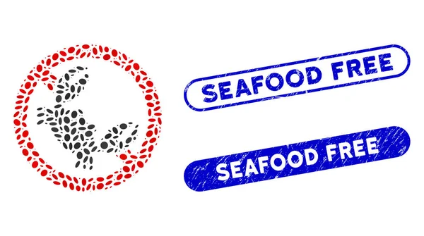 Gepunktete Collage Seafood Free mit Grunge Seafood Free Seals — Stockvektor