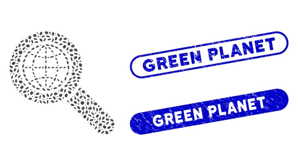 Collage Elíptico Búsqueda Global con Sellos de Planeta Verde Texturizado — Vector de stock