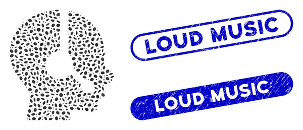 Ελλειπτικό Collage Operator με γρατζουνιές Loud Μουσική Σφραγίδες — Διανυσματικό Αρχείο