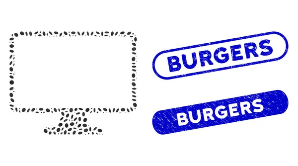 Monitor de collage elíptico con sellos de hamburguesas de socorro — Vector de stock