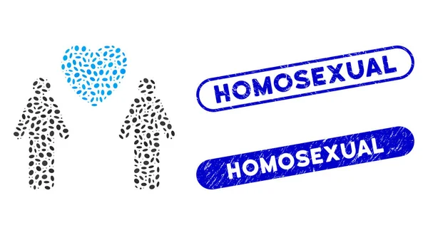 Ovale mosaico gay amanti con grunge omosessuali sigilli — Vettoriale Stock